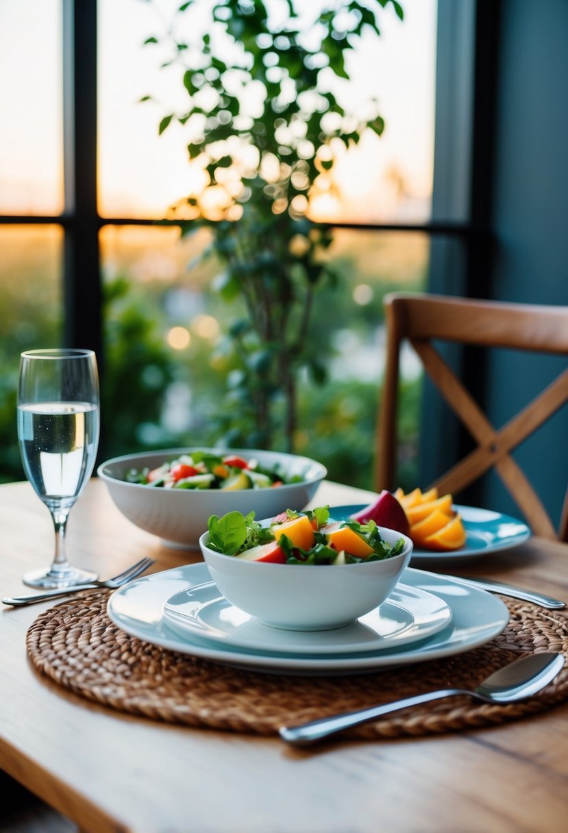 A table set with a bowl of salad, a glass of water, and a plate of fruit, with a chair pulled up to it