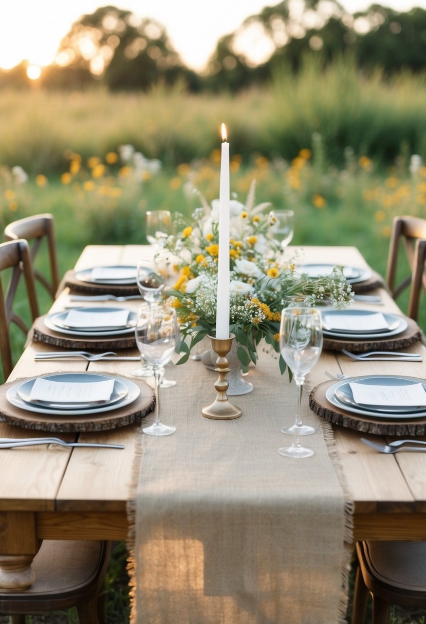 A wooden table adorned with rustic hessian table runners, set with elegant tableware and surrounded by wildflowers and candles