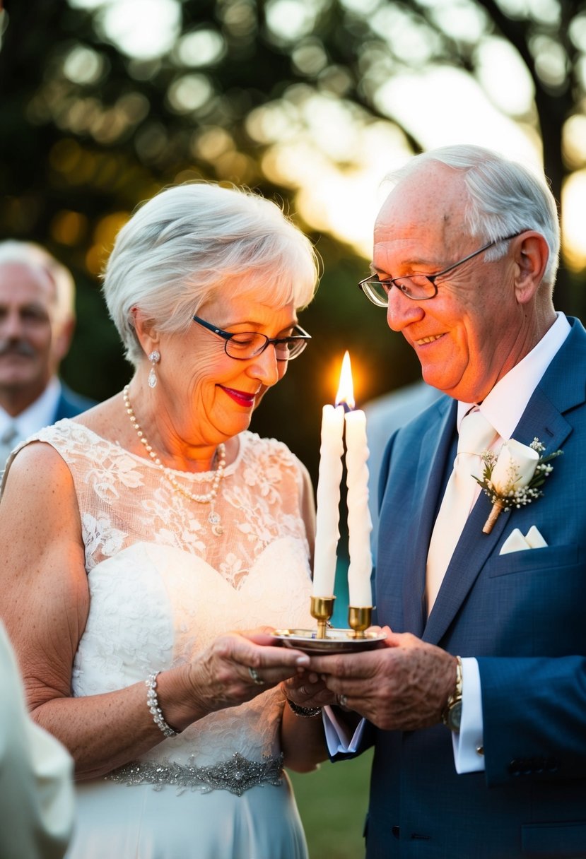 An older couple lighting a unity candle together during their wedding ceremony