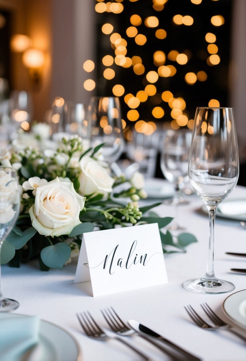 A beautifully set wedding table with personalized name cards for each guest, adding an elegant touch to the decor