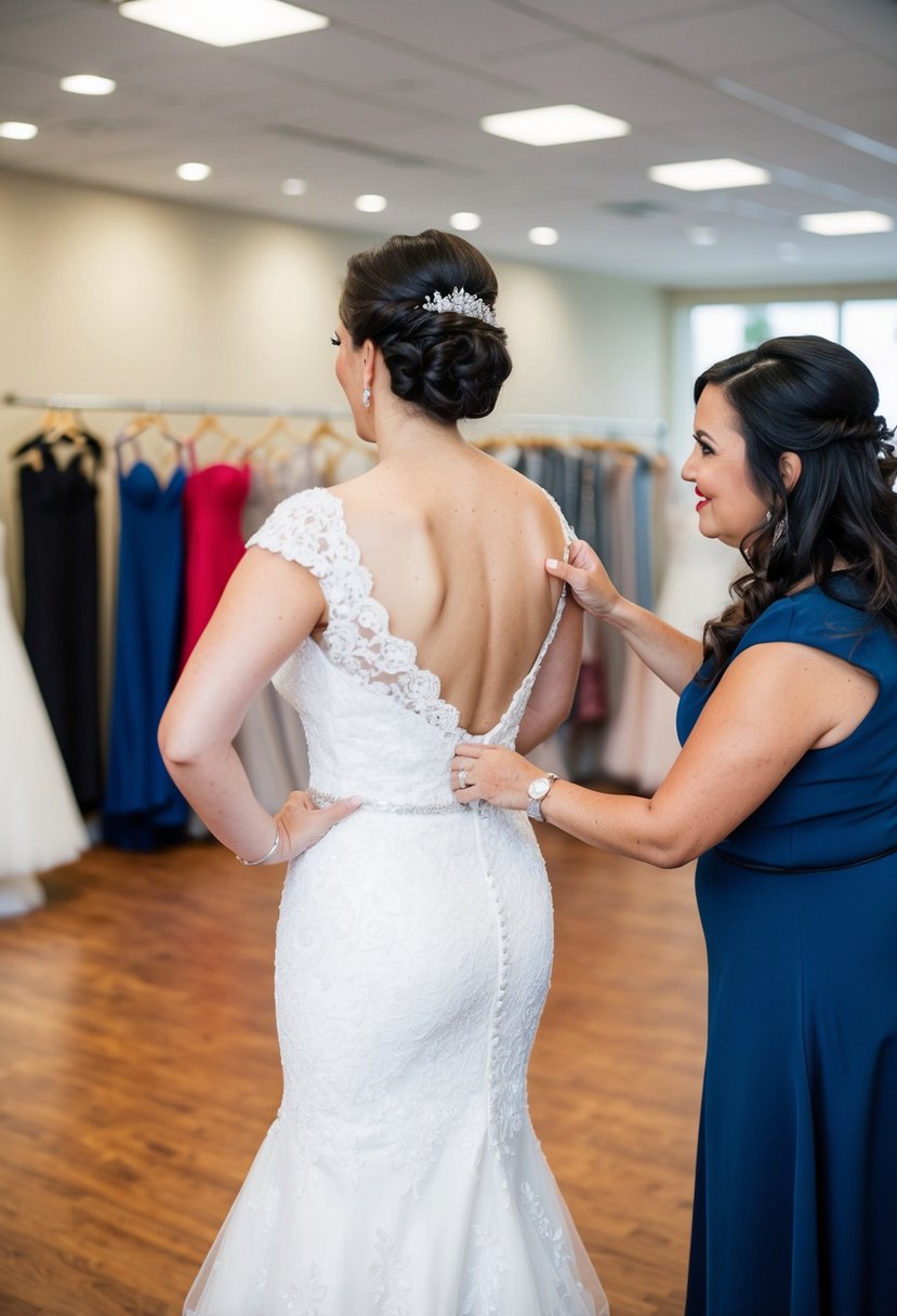 A bride trying on a wedding dress, comparing the fit rather than the label size, with a salesperson offering guidance