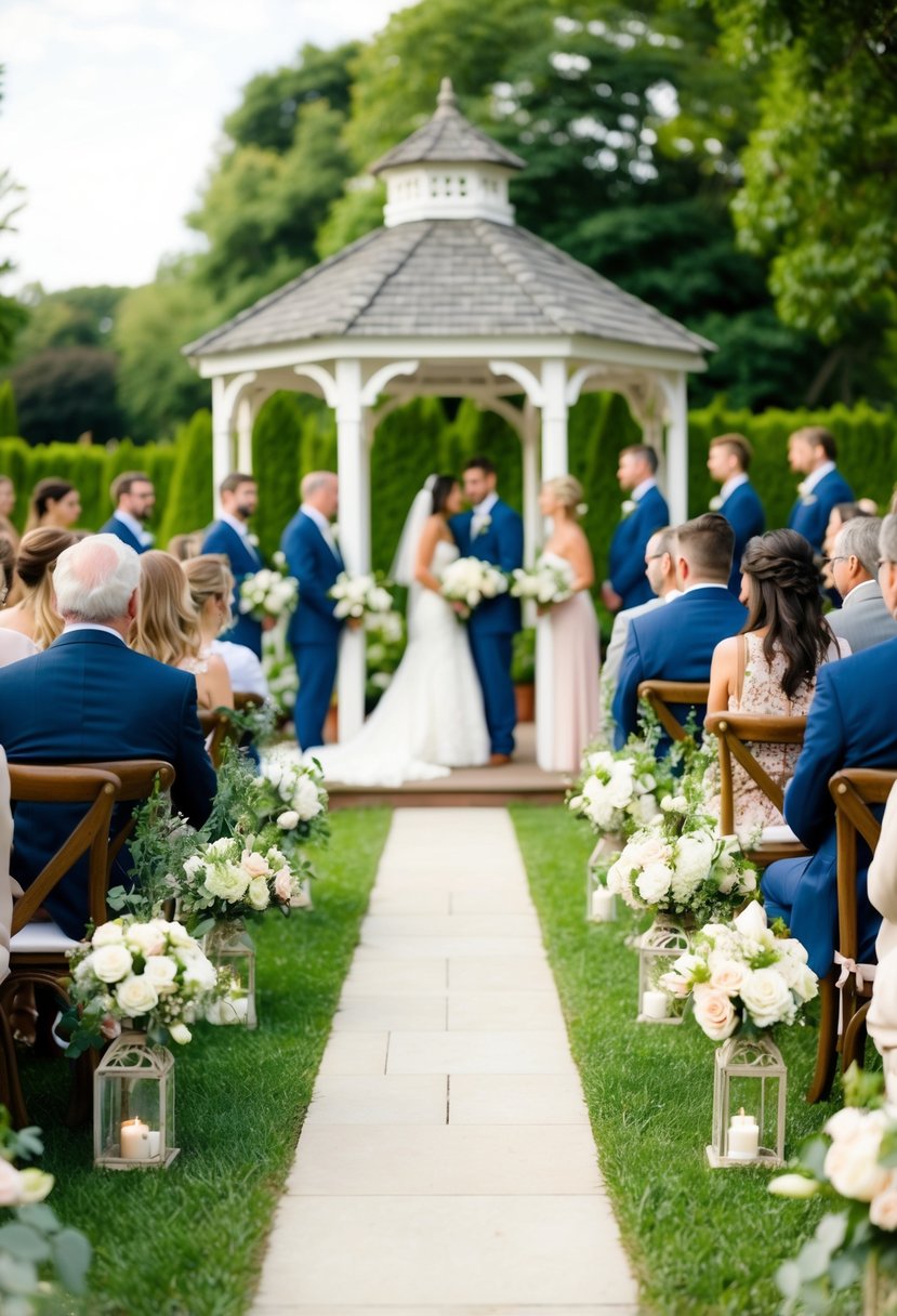 A cozy outdoor garden wedding with a smaller guest list, featuring elegant floral arrangements and a charming gazebo for the ceremony