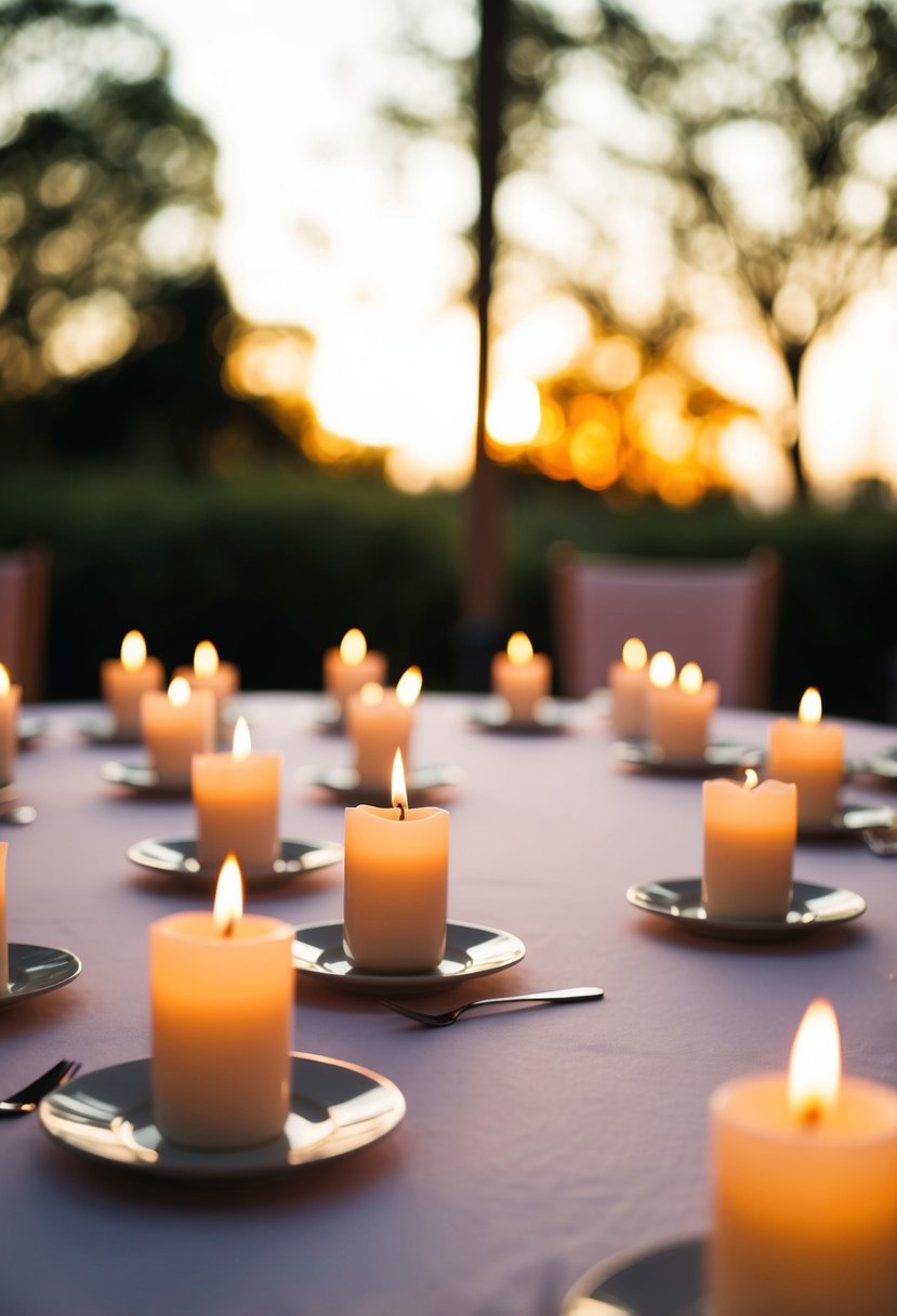 Candles scattered across a wedding table, casting soft, warm light