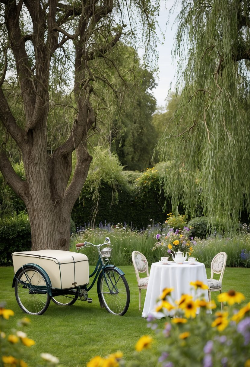 A garden with intertwined oak and willow trees, a vintage bicycle with a sidecar, and a table set with antique teacups and a bouquet of wildflowers