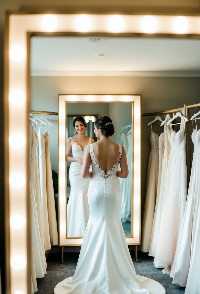 A bride-to-be stands in front of a row of elegant wedding dresses, surrounded by mirrors and soft lighting, as she carefully considers her options