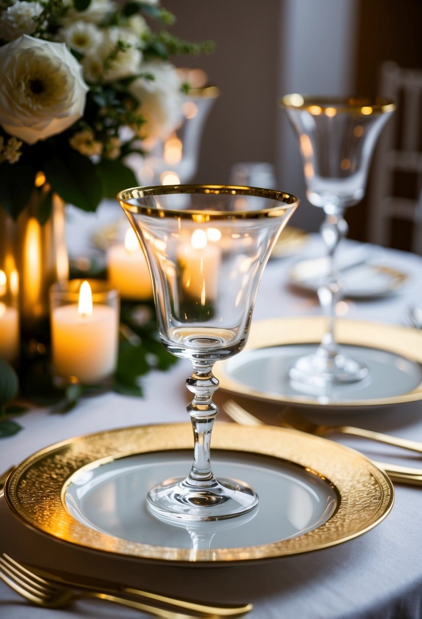 Gold-rimmed glassware shines on a wedding table, reflecting the soft glow of candlelight and adding an elegant touch to the decor