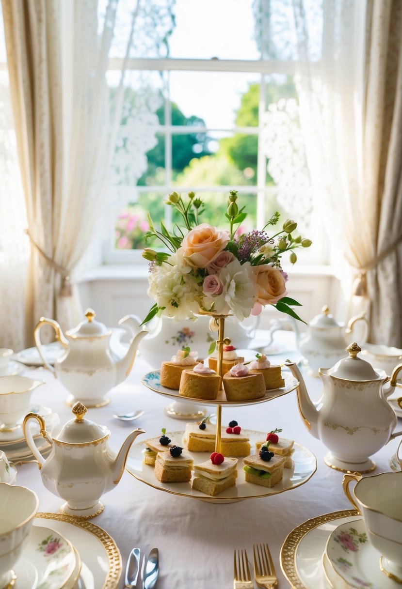 An elegant table set with fine china, teapots, and floral centerpieces. Delicate pastries and finger sandwiches displayed on tiered trays. Sunshine streaming through lace curtains