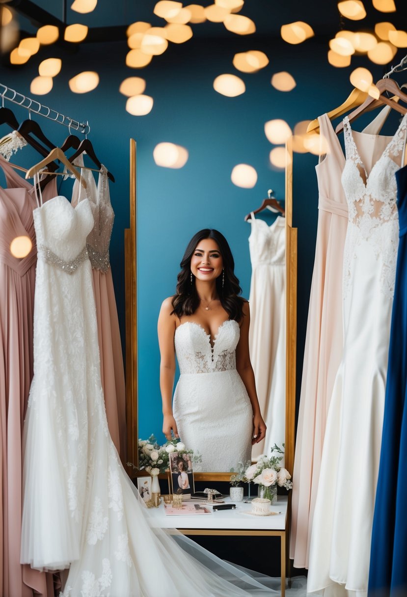 A woman surrounded by different wedding dress styles, with a mirror and various accessories displayed on a table