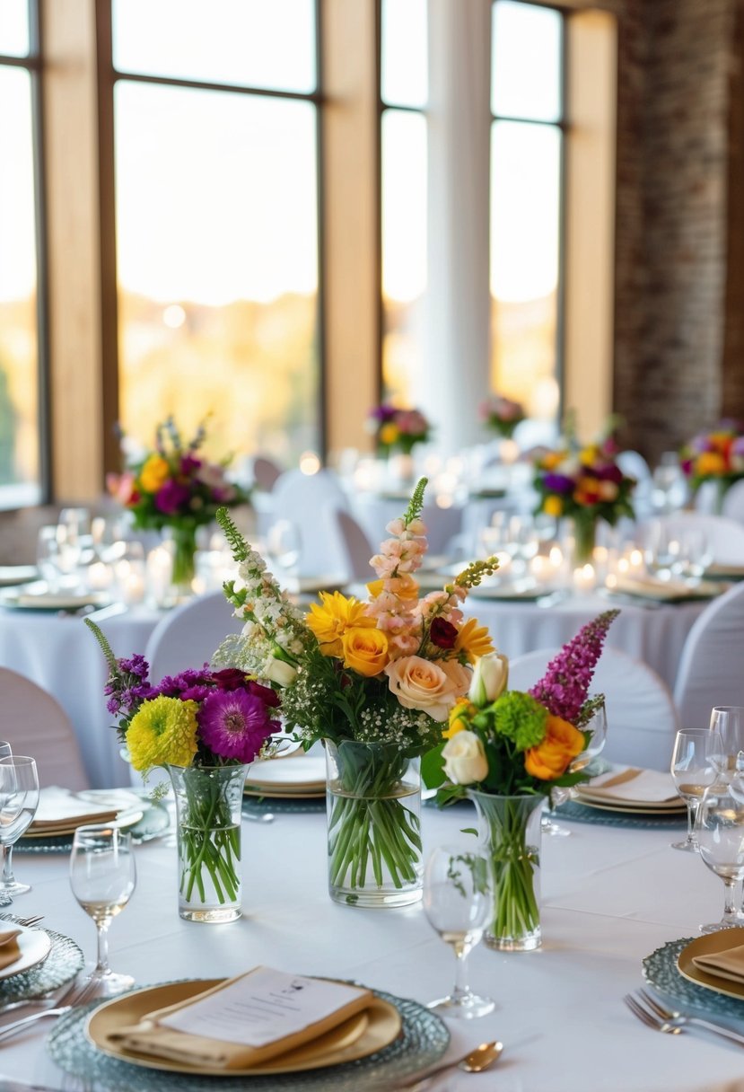 A table set with elegant centerpieces of seasonal flowers in various hues, arranged in glass vases, creating a vibrant and romantic atmosphere for a wedding celebration