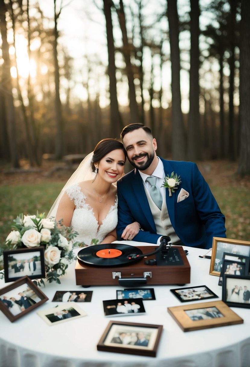 A couple sits at a table, surrounded by old wedding photos and memorabilia. A record player in the background plays their meaningful wedding songs