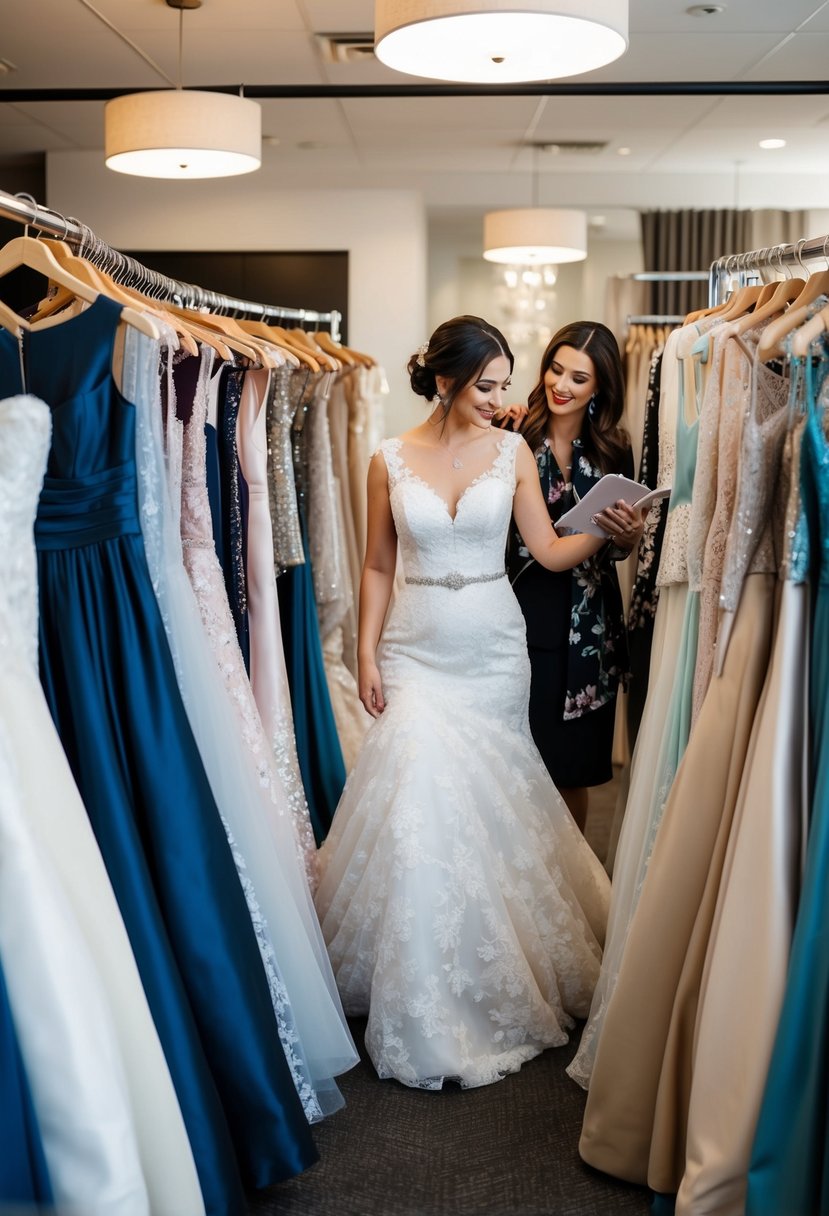 A bride-to-be browsing through a rack of wedding dresses, surrounded by a variety of styles and fabrics, with a consultant offering advice