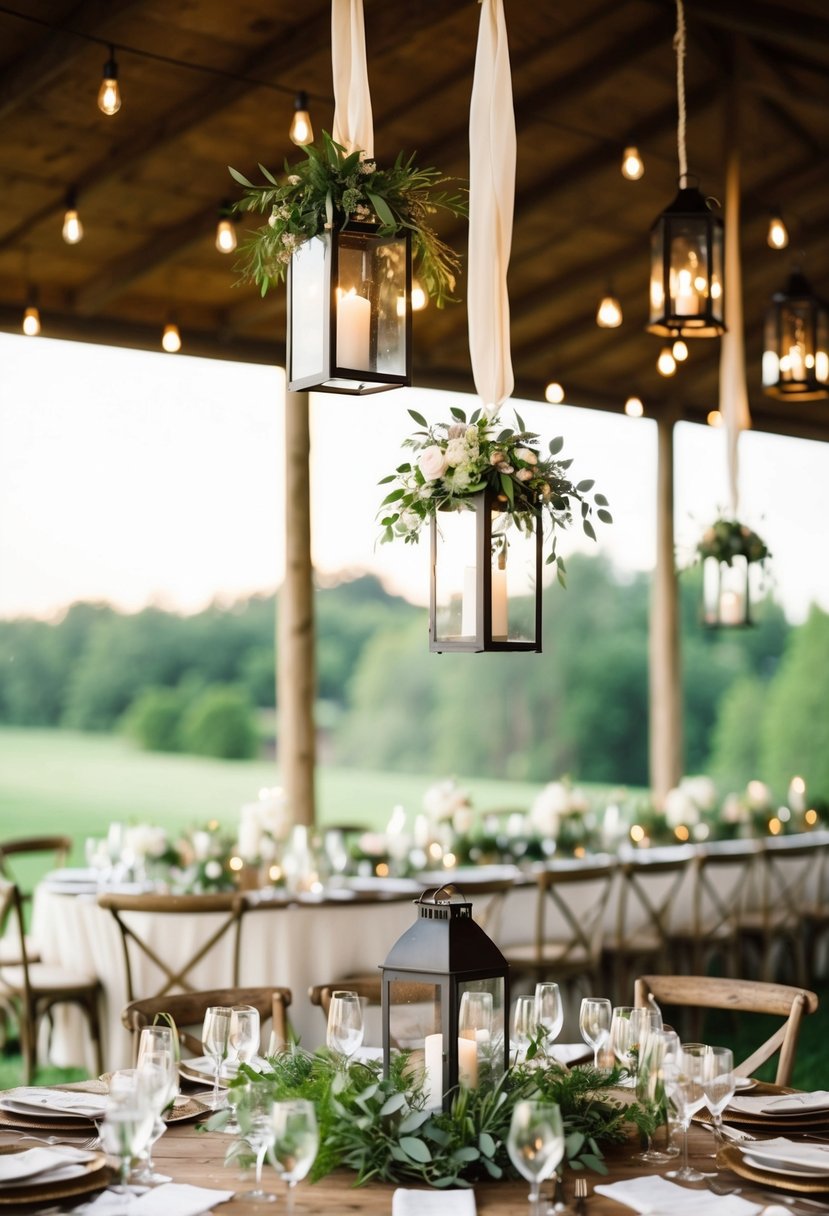 Rustic wedding table adorned with hanging lanterns and greenery