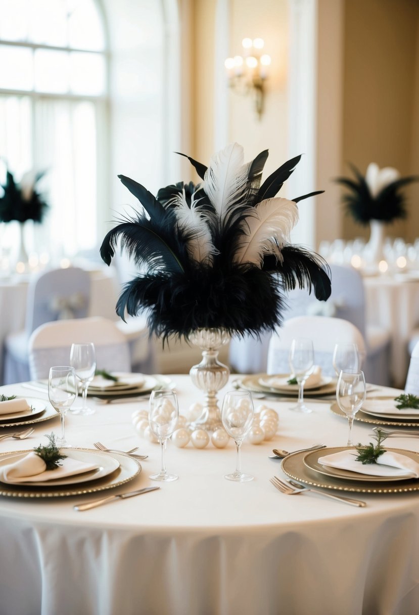 An ornate wedding table with pearl and feather centerpieces