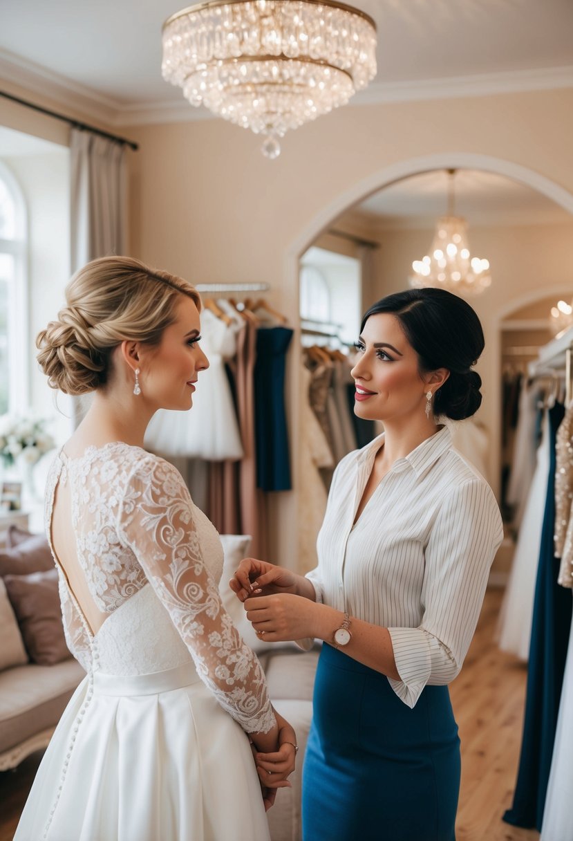 A bride and a tailor discussing alterations and costs for a wedding dress in a cozy and elegant bridal boutique