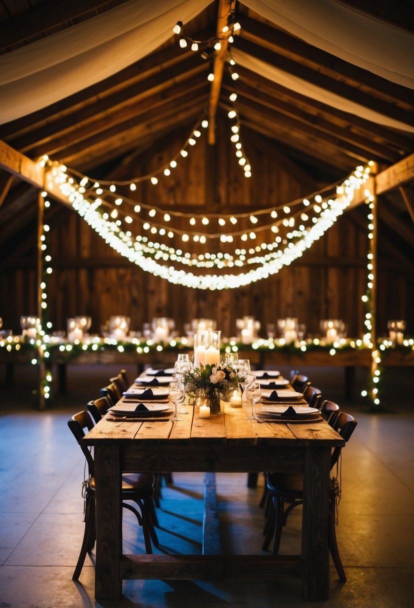 Fairy lights draped over a rustic wooden table, casting a warm and magical glow for a wedding reception