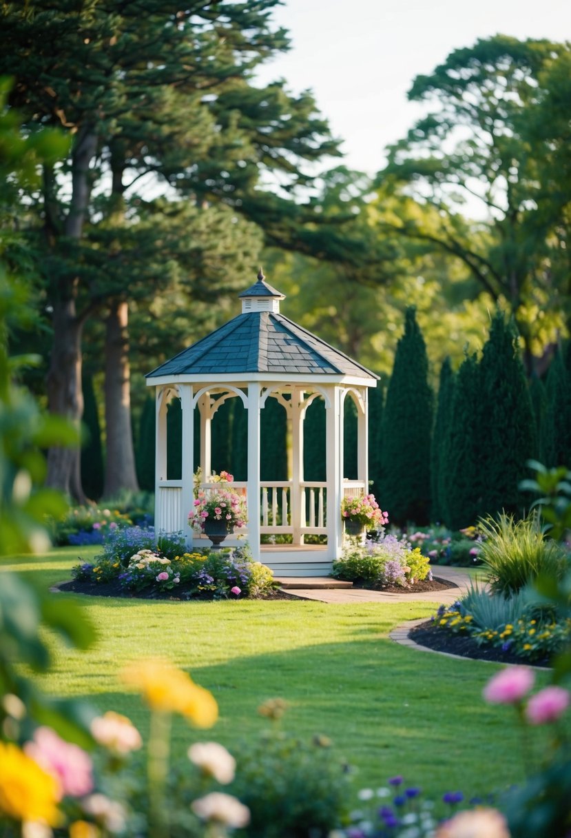 A serene outdoor garden with a small gazebo adorned with flowers, surrounded by mature trees and soft lighting