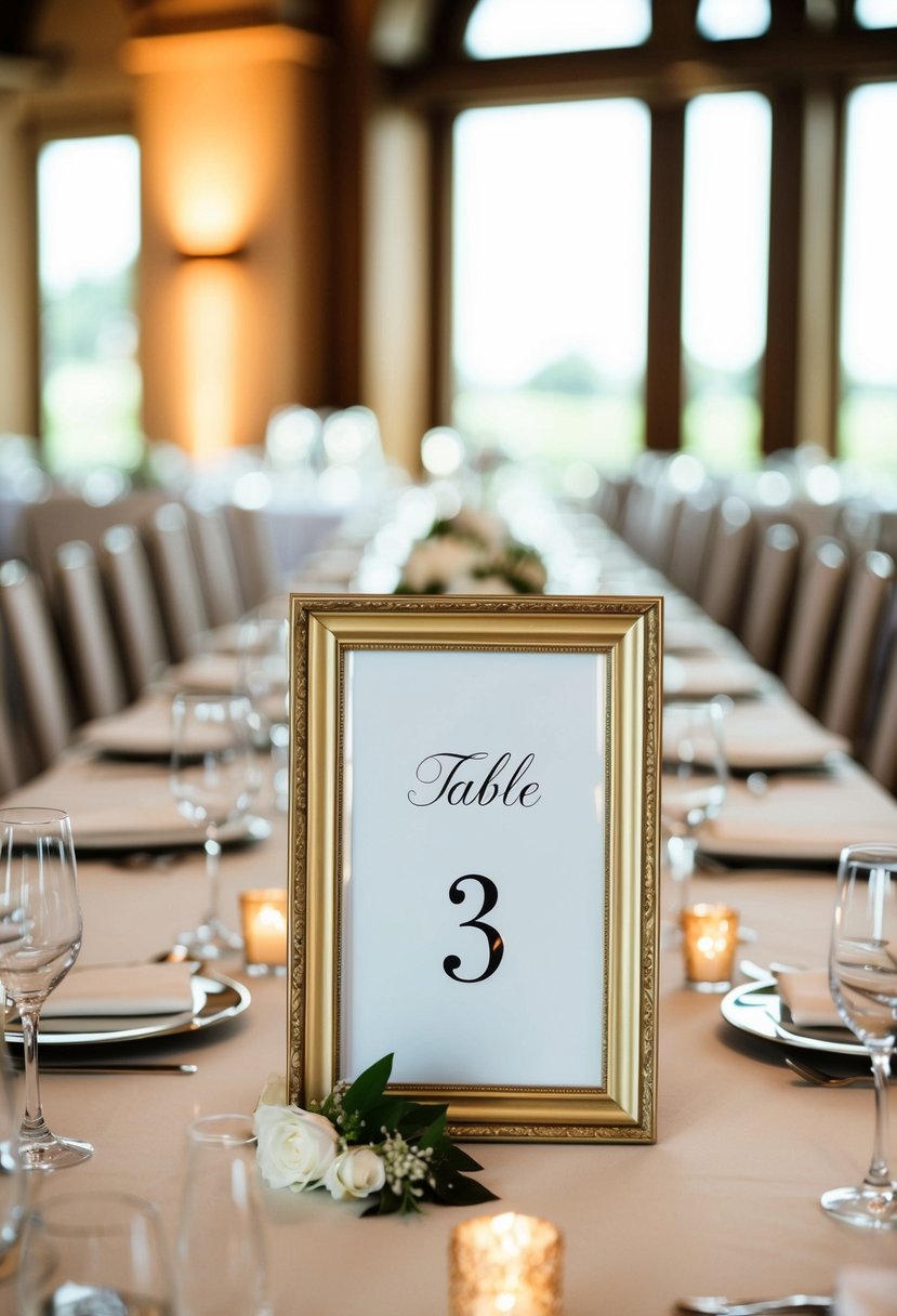 A long banquet table with elegant picture frames holding table numbers