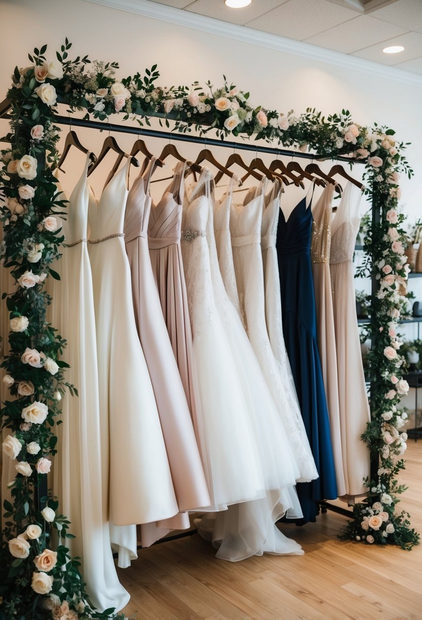 A rack of elegant wedding dresses in a boutique, surrounded by soft lighting and floral decor