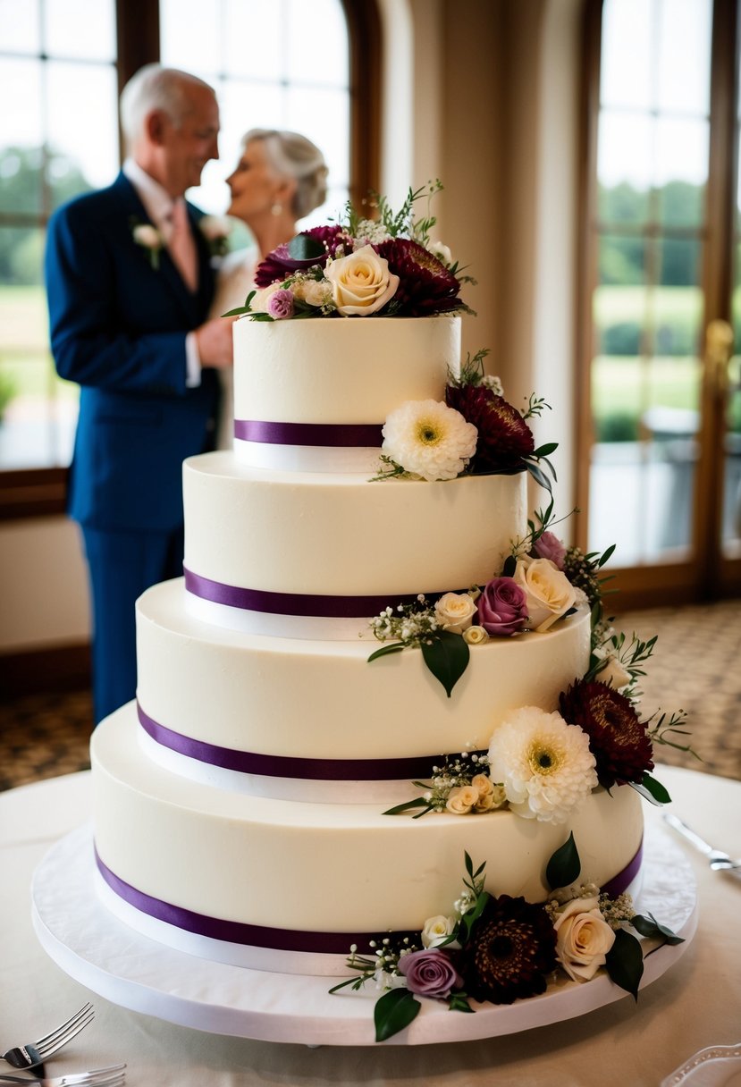 A three-tiered wedding cake adorned with elegant floral decorations and a sophisticated color scheme, reflecting the timeless love of an older couple