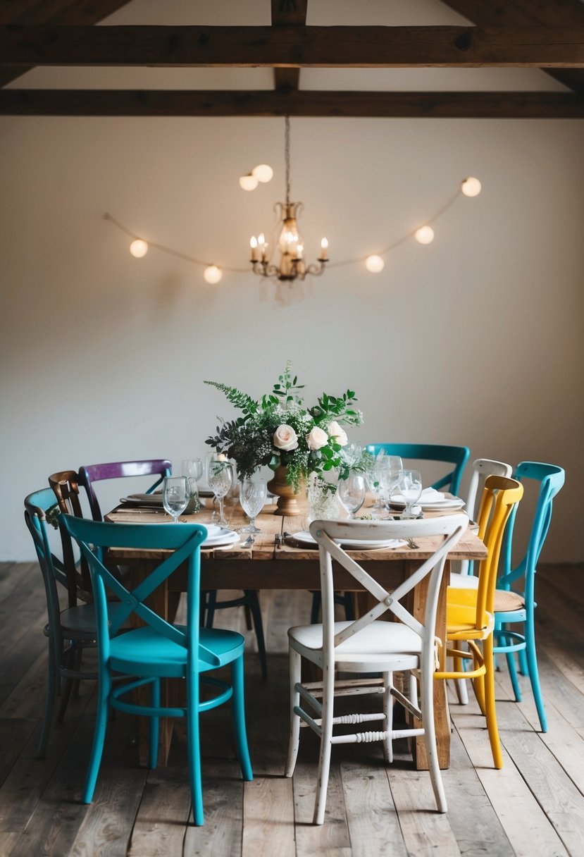 Mismatched chairs arranged around a rustic wooden table, each with its own unique style and color, adding a quirky touch to the wedding decor