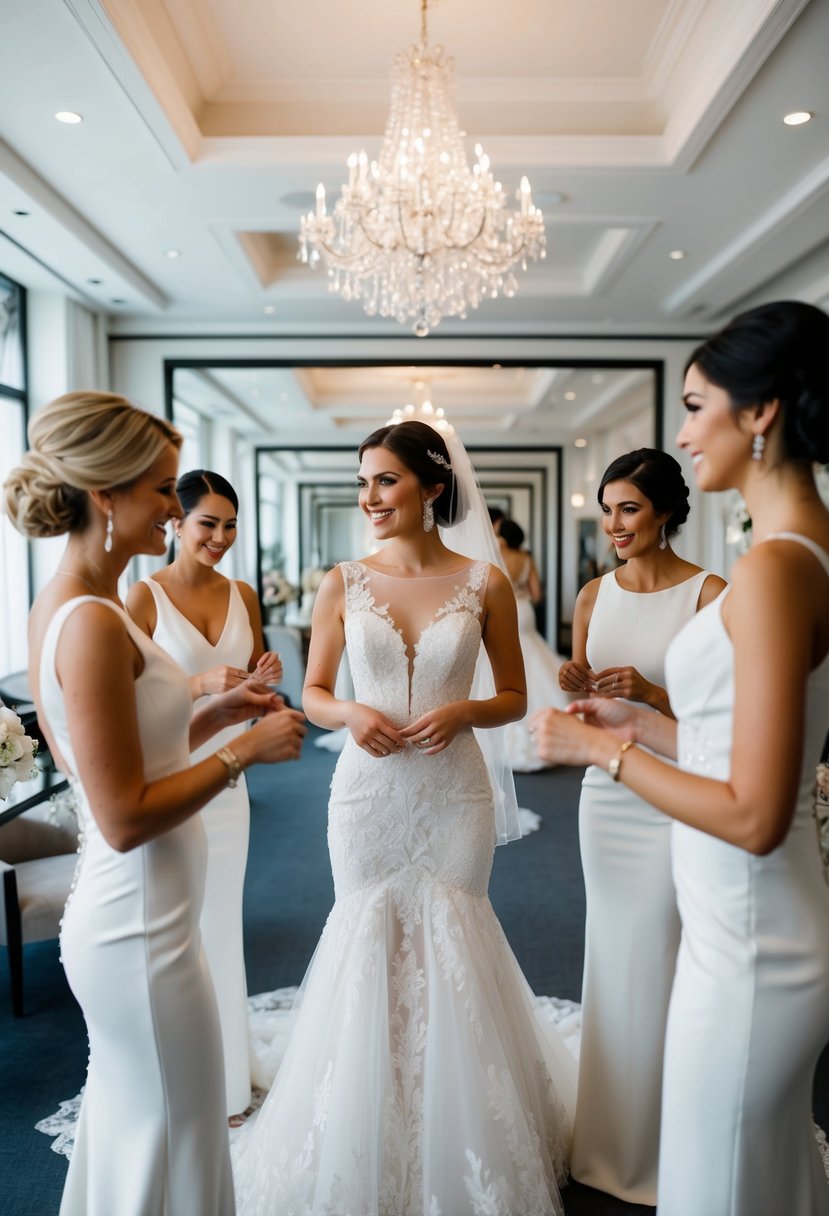 A bride surrounded by bridal consultants, trying on wedding dresses in a spacious and elegant boutique