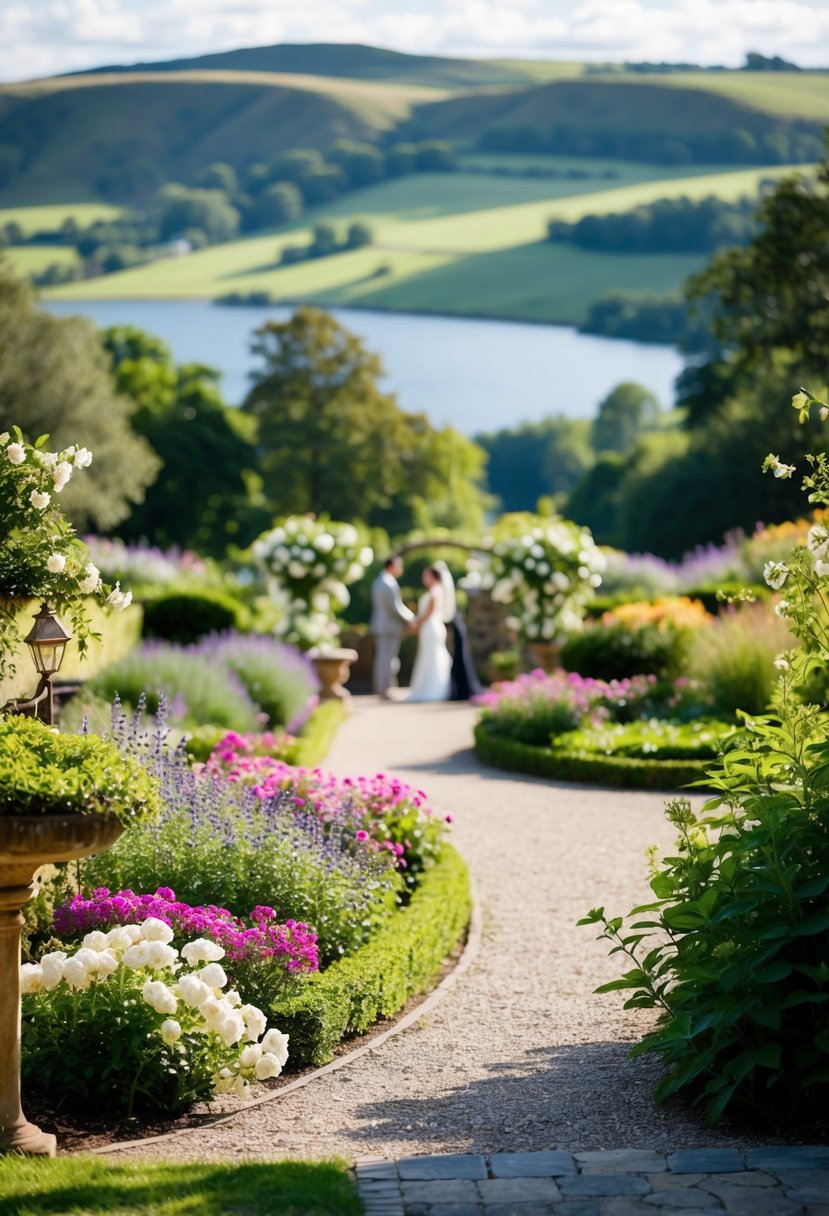 An outdoor wedding set in a lush garden with blooming flowers, a winding path, and a backdrop of rolling hills and a serene lake