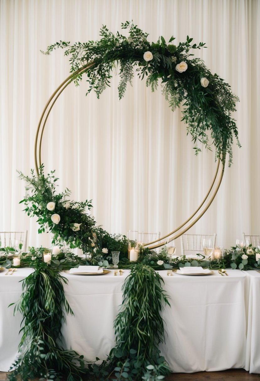 Large hoops adorned with lush greenery drape over a wedding table, creating a natural and elegant centerpiece