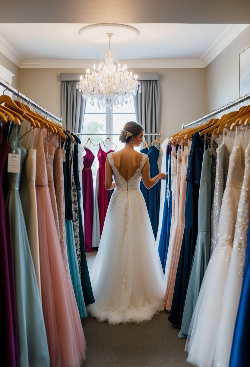 A bride browsing through racks of wedding dresses in a boutique, surrounded by elegant gowns in various styles and colors