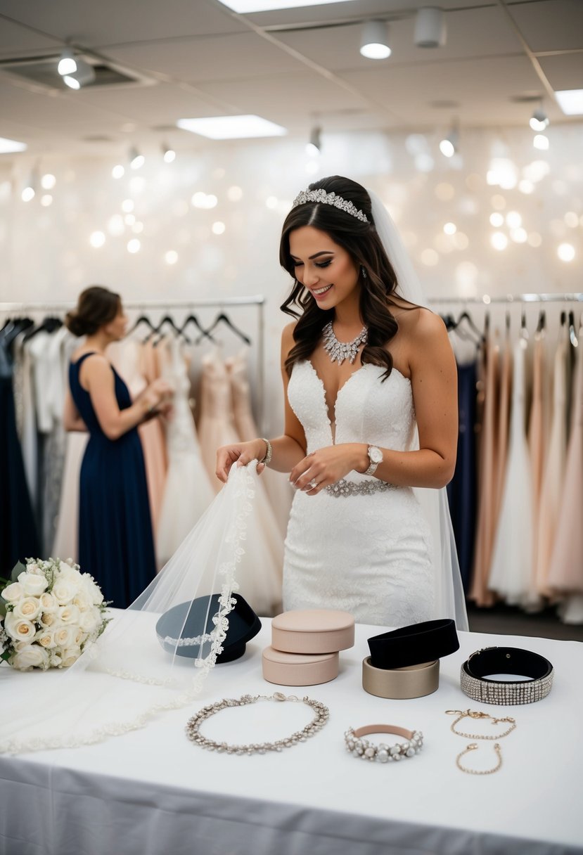 A bride browsing through a variety of veils, belts, and jewelry options displayed on a table at a wedding dress boutique