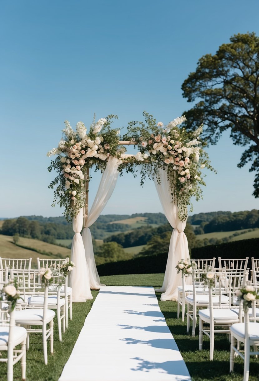 A serene outdoor wedding ceremony under a canopy of blooming flowers, with a picturesque view of rolling hills and a clear blue sky