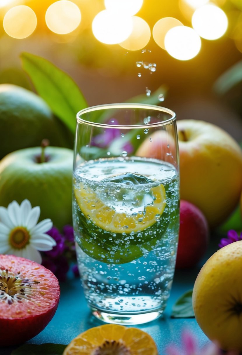 A sparkling glass of water surrounded by fresh fruits and flowers