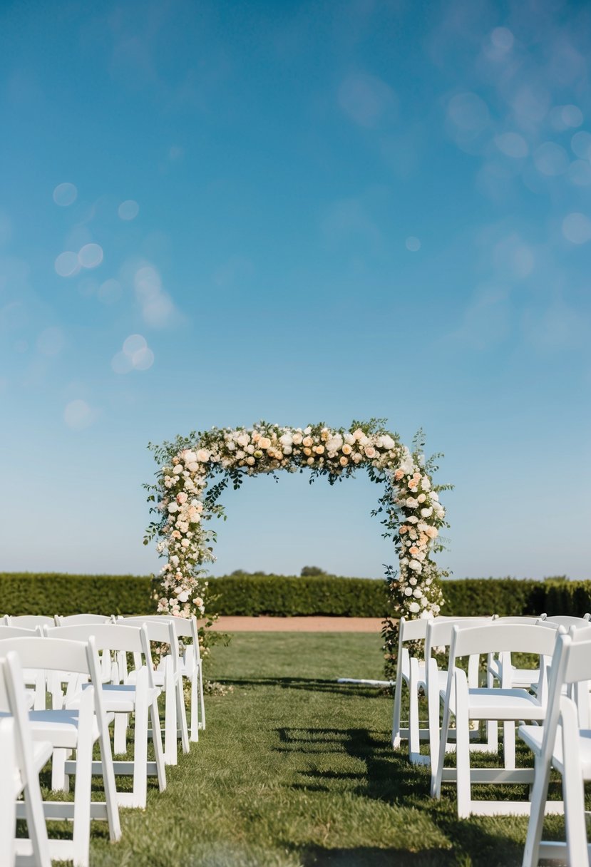 A sunny outdoor wedding with white chairs, floral arch, and a clear blue sky