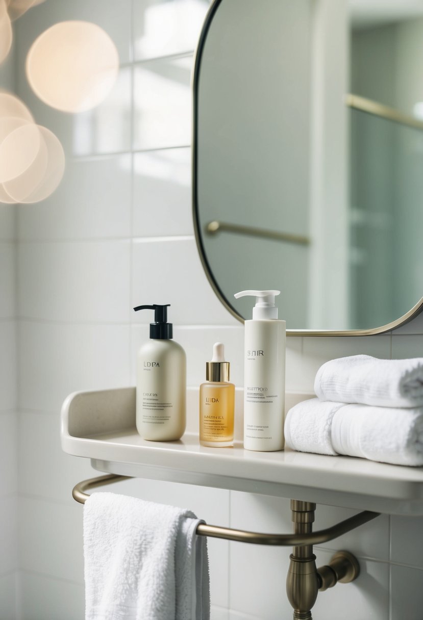 A serene bathroom scene with a shelf of skincare products, a soft towel, and a mirror reflecting a glowing complexion