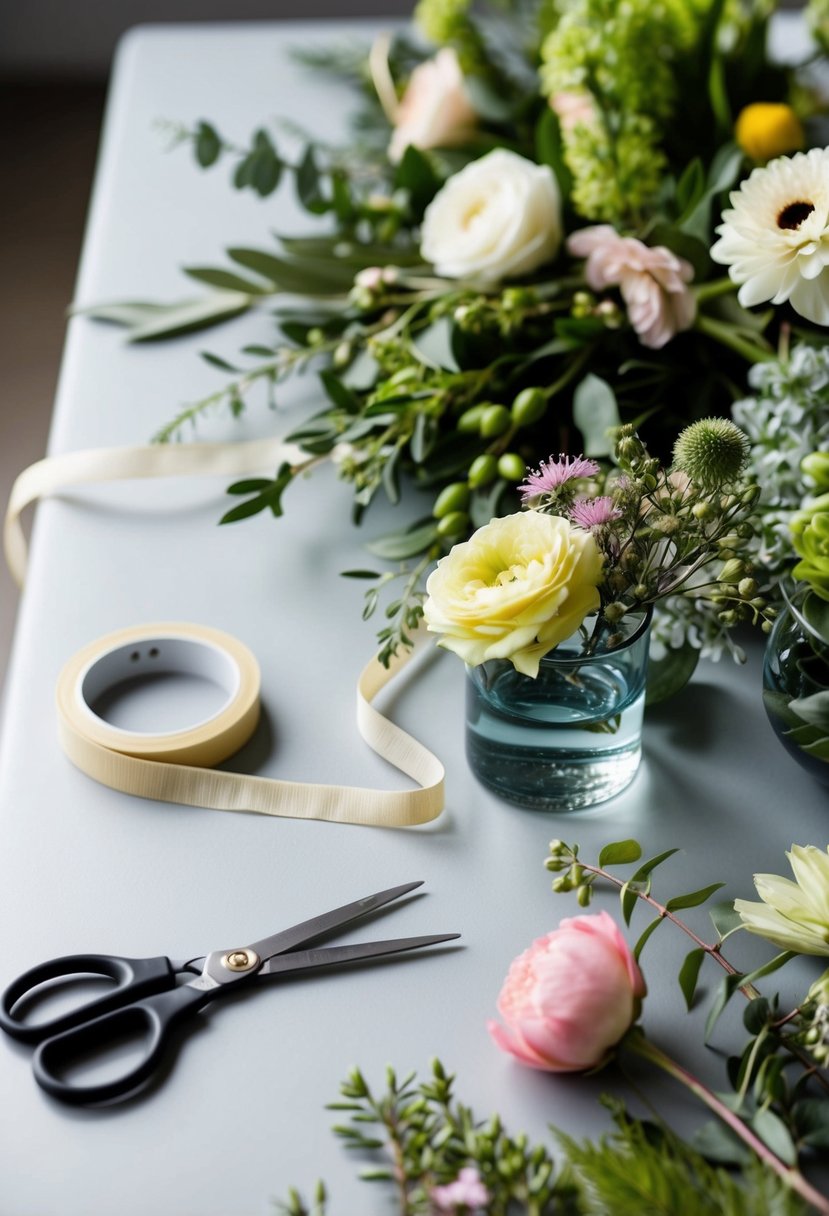 A table with various flowers, greenery, and ribbon laid out. Scissors, floral tape, and a vase of water nearby