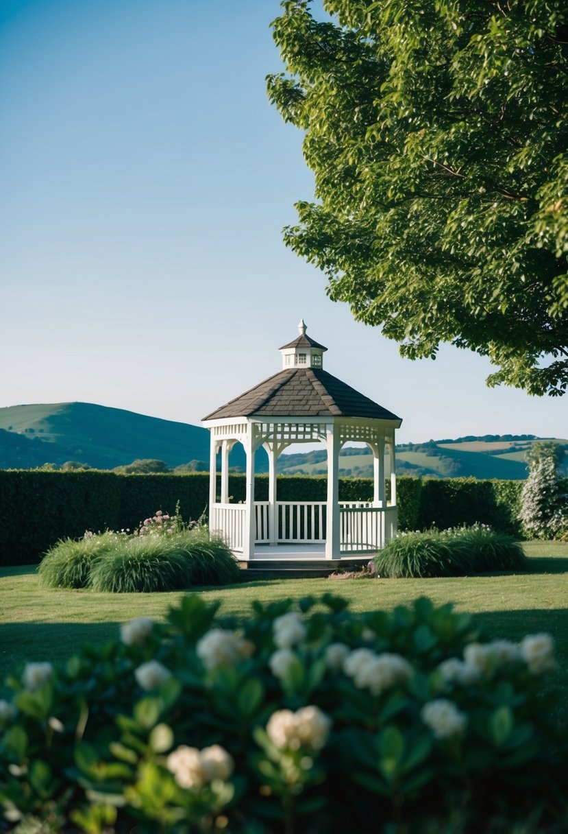 A serene garden with a white gazebo surrounded by lush greenery, set against a backdrop of rolling hills and a clear blue sky