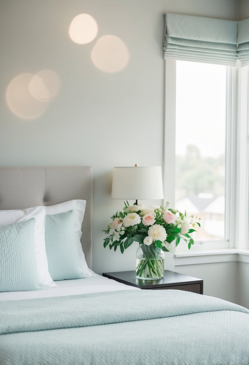 A serene bedroom with a neatly made bed, soft lighting, and a vase of fresh flowers on the nightstand