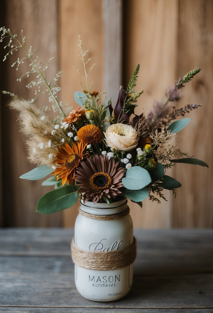 A rustic wedding bouquet with earthy tones and wildflower accents, arranged in a mason jar vase