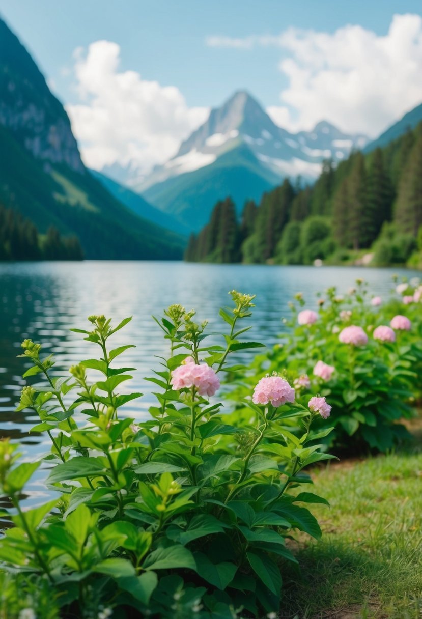 A serene lakeside with lush greenery, blooming flowers, and a majestic mountain backdrop