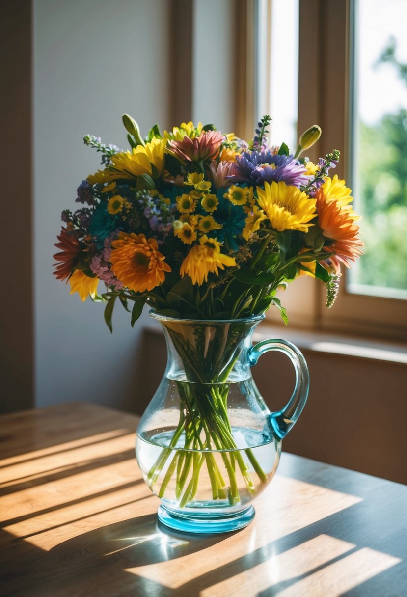 A glass vase filled with water, holding a bundle of colorful flowers, sits on a wooden table. Sunlight streams in through a nearby window, illuminating the scene