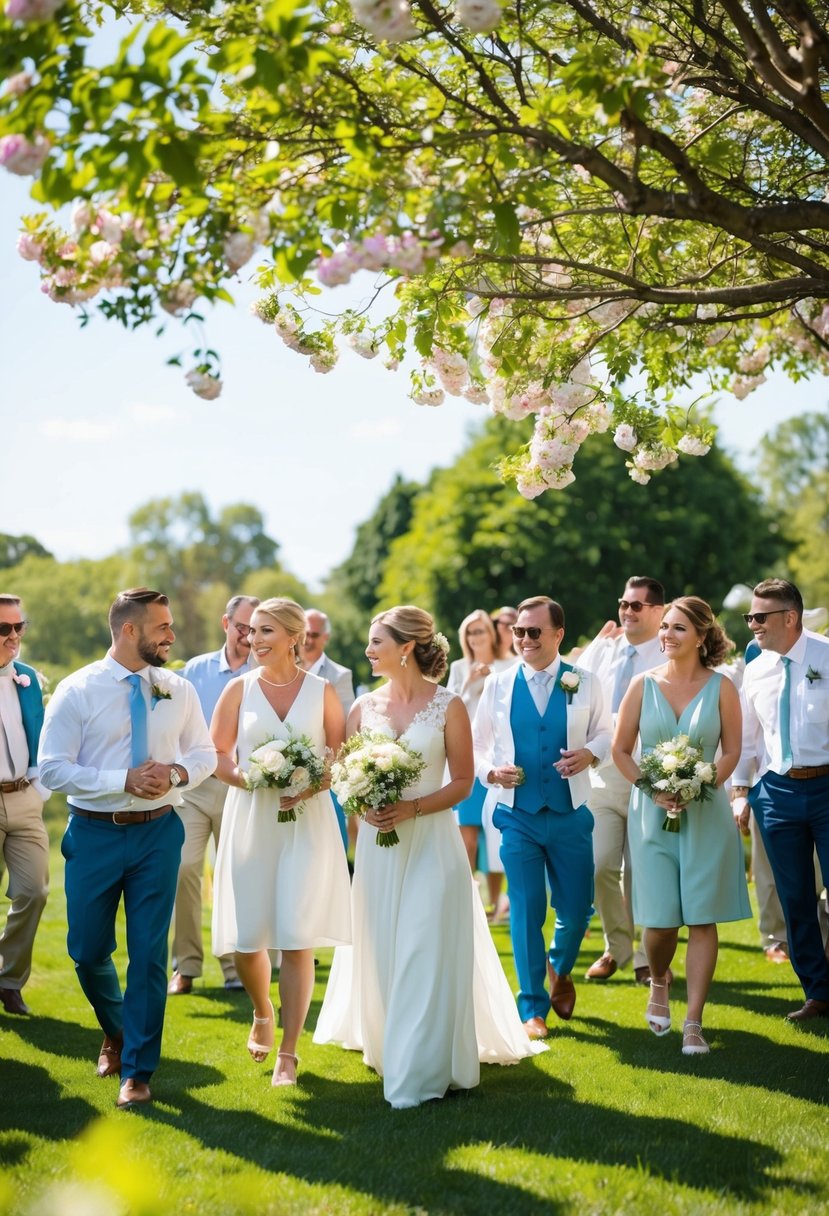 A sunny outdoor wedding with guests in casual, comfortable attire, surrounded by lush greenery and blooming flowers