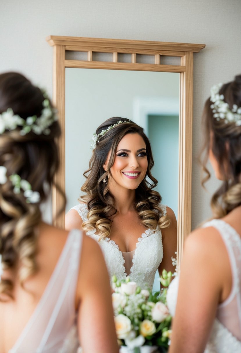 A bride admires herself in a mirror, her hair styled in loose curls with delicate flowers woven into the strands. She smiles as she sees her reflection, feeling confident and beautiful for her wedding day