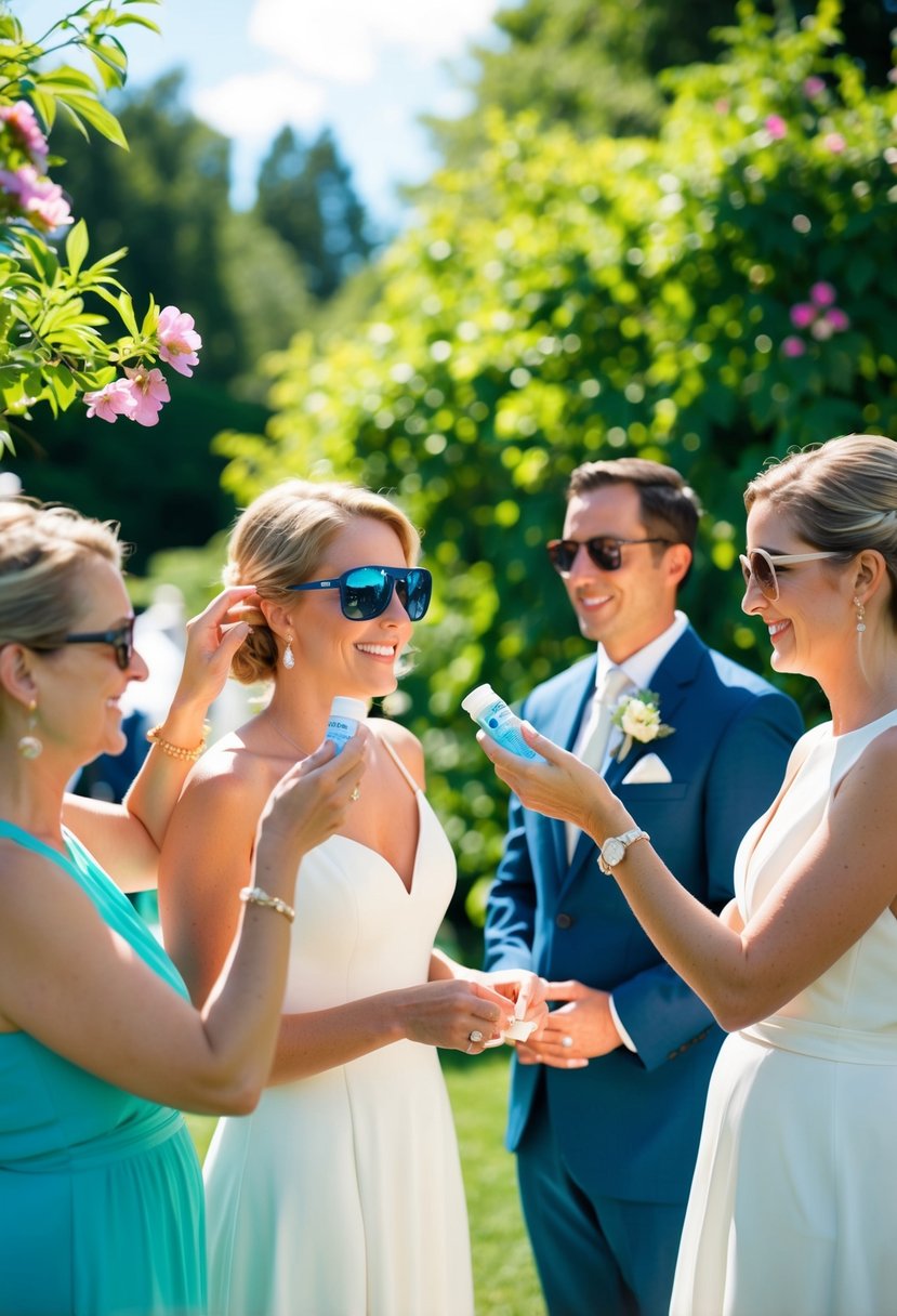 A sunny outdoor wedding with guests applying sunscreen and insect repellent, surrounded by lush greenery and blooming flowers