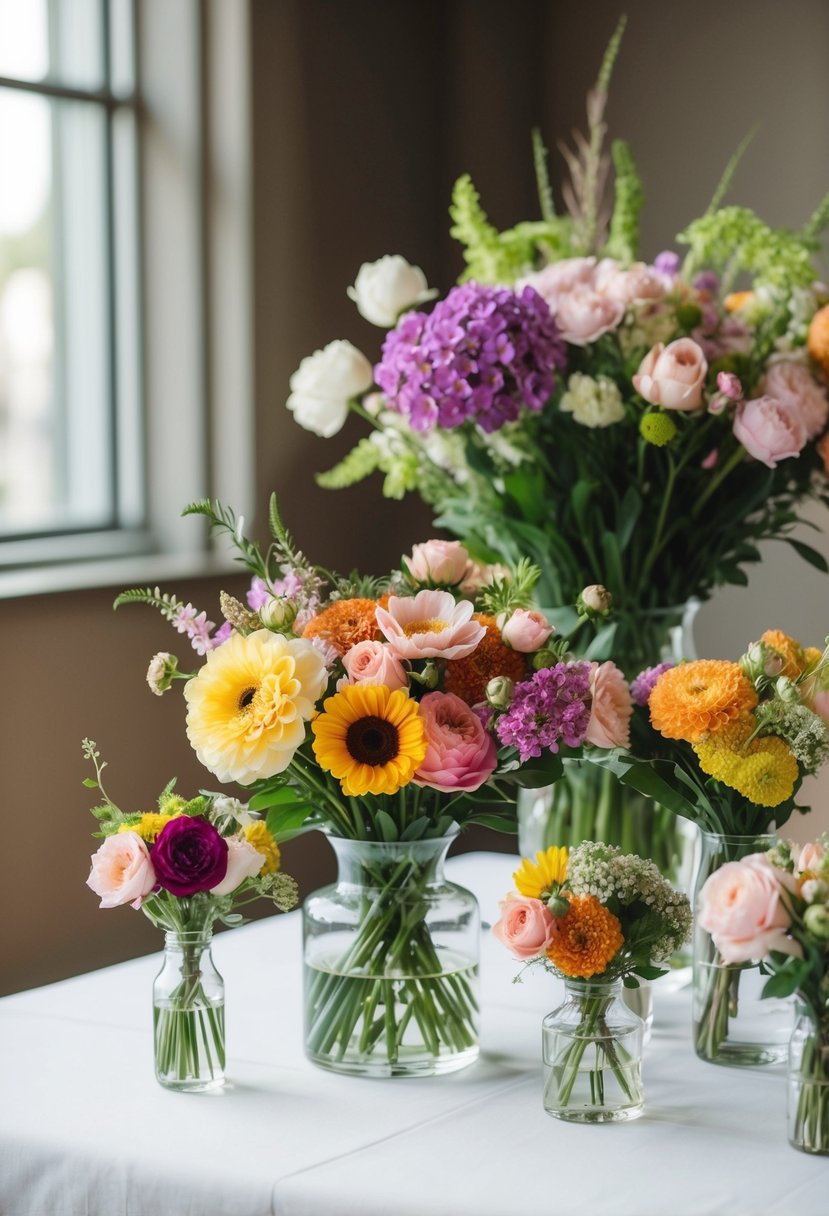 A variety of blooms in different sizes arranged on a table for a DIY wedding bouquet