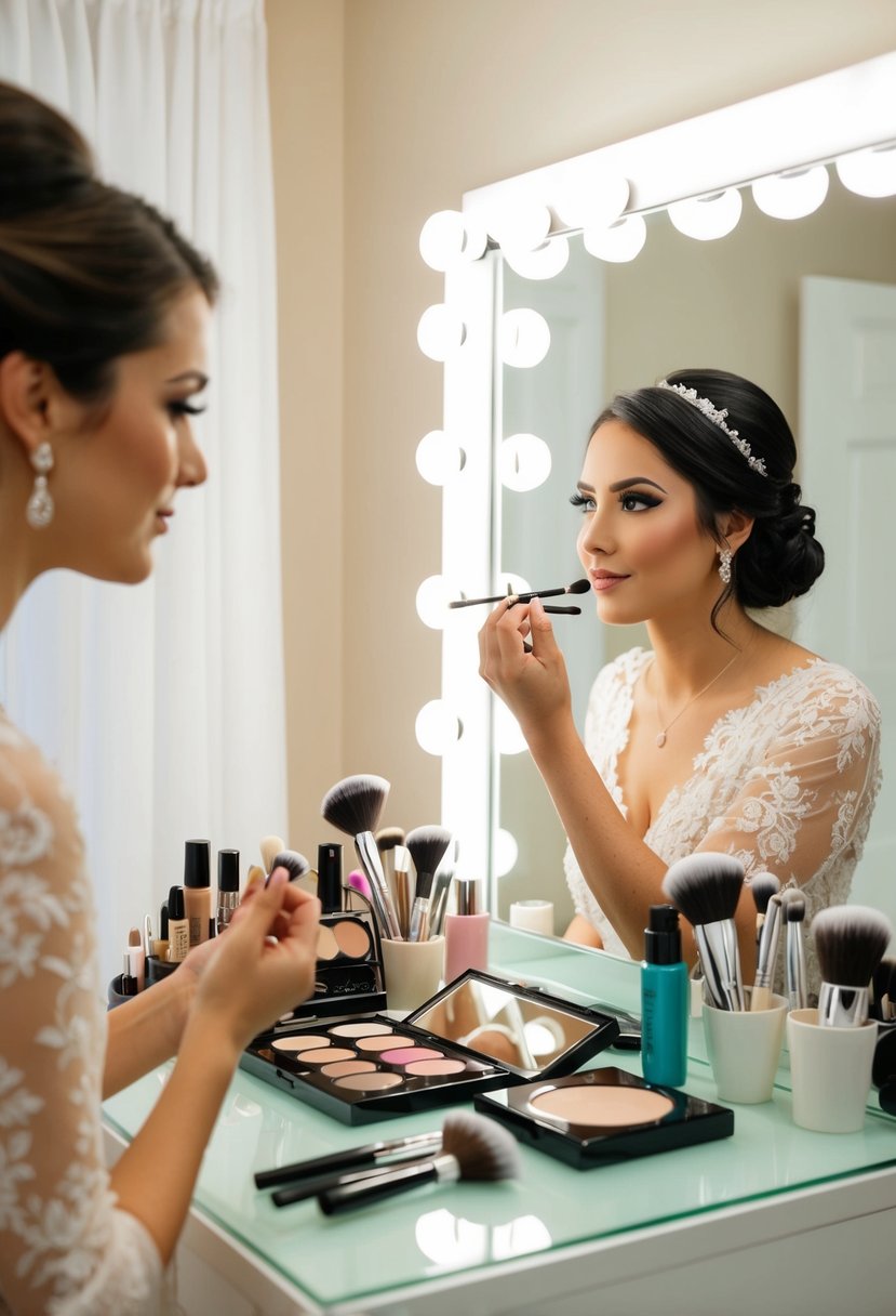 A makeup artist carefully applies bridal makeup, surrounded by a variety of cosmetics and tools on a clean, well-lit vanity