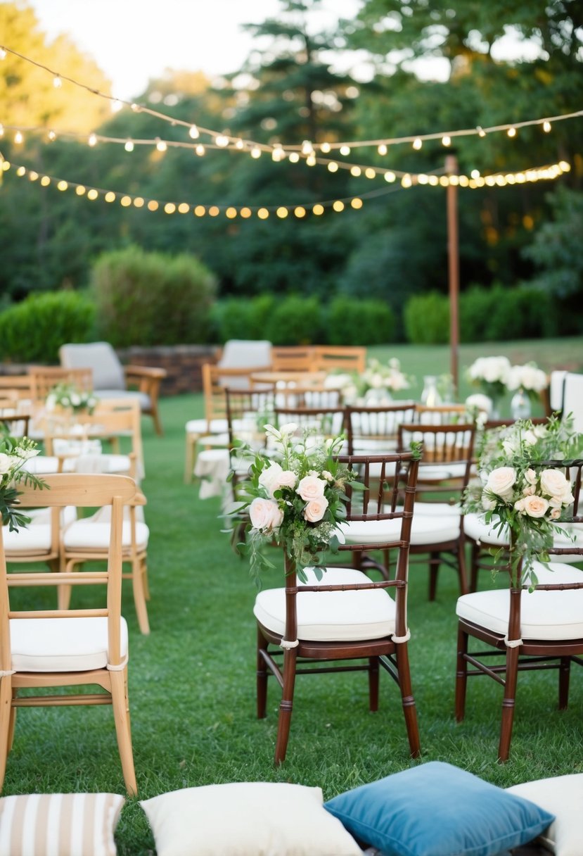 An outdoor wedding set up with various seating options, including chairs, benches, and cushions, arranged in an aesthetically pleasing and functional manner