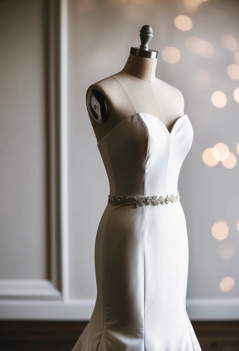 A dress form with a tailored wedding gown, accentuating the curves and features of a specific body type