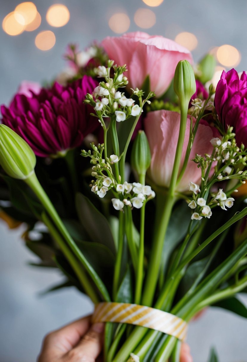 Floral tape tightly binds bouquet stems