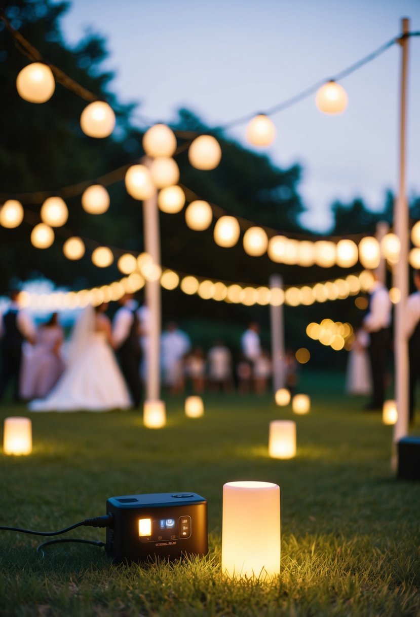 A serene outdoor wedding scene with ambient battery-powered lighting illuminating the space, creating a warm and romantic atmosphere