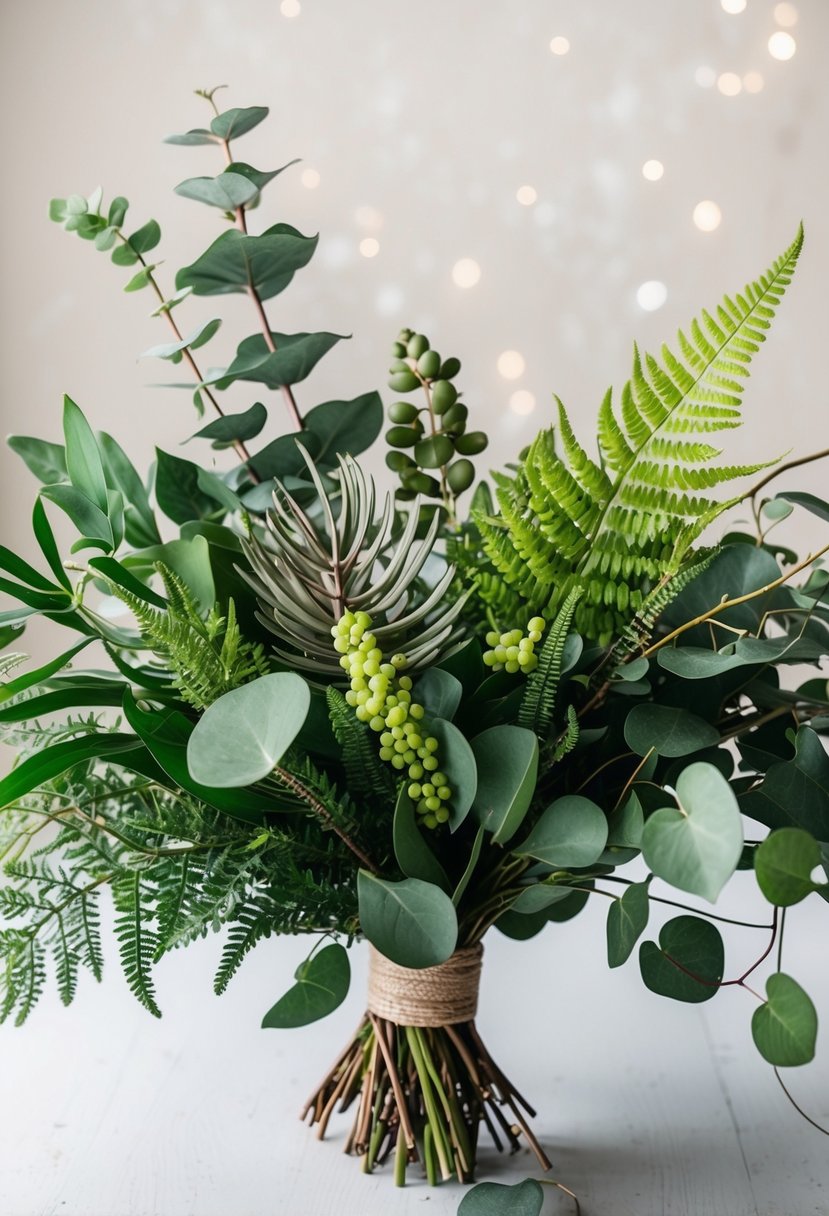 A collection of various greenery, such as eucalyptus, ferns, and ivy, arranged in a loose and natural style for a DIY wedding bouquet