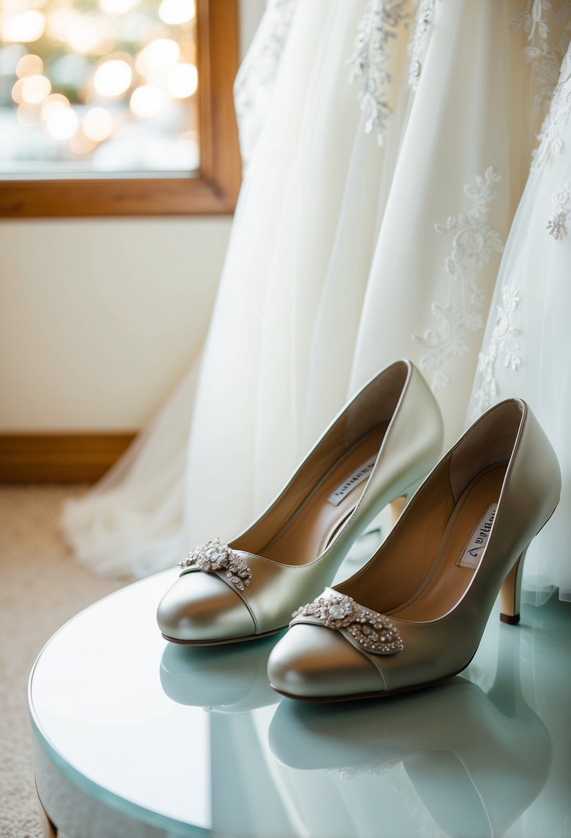 A pair of elegant, comfortable shoes placed next to a wedding dress on a clean, well-lit surface